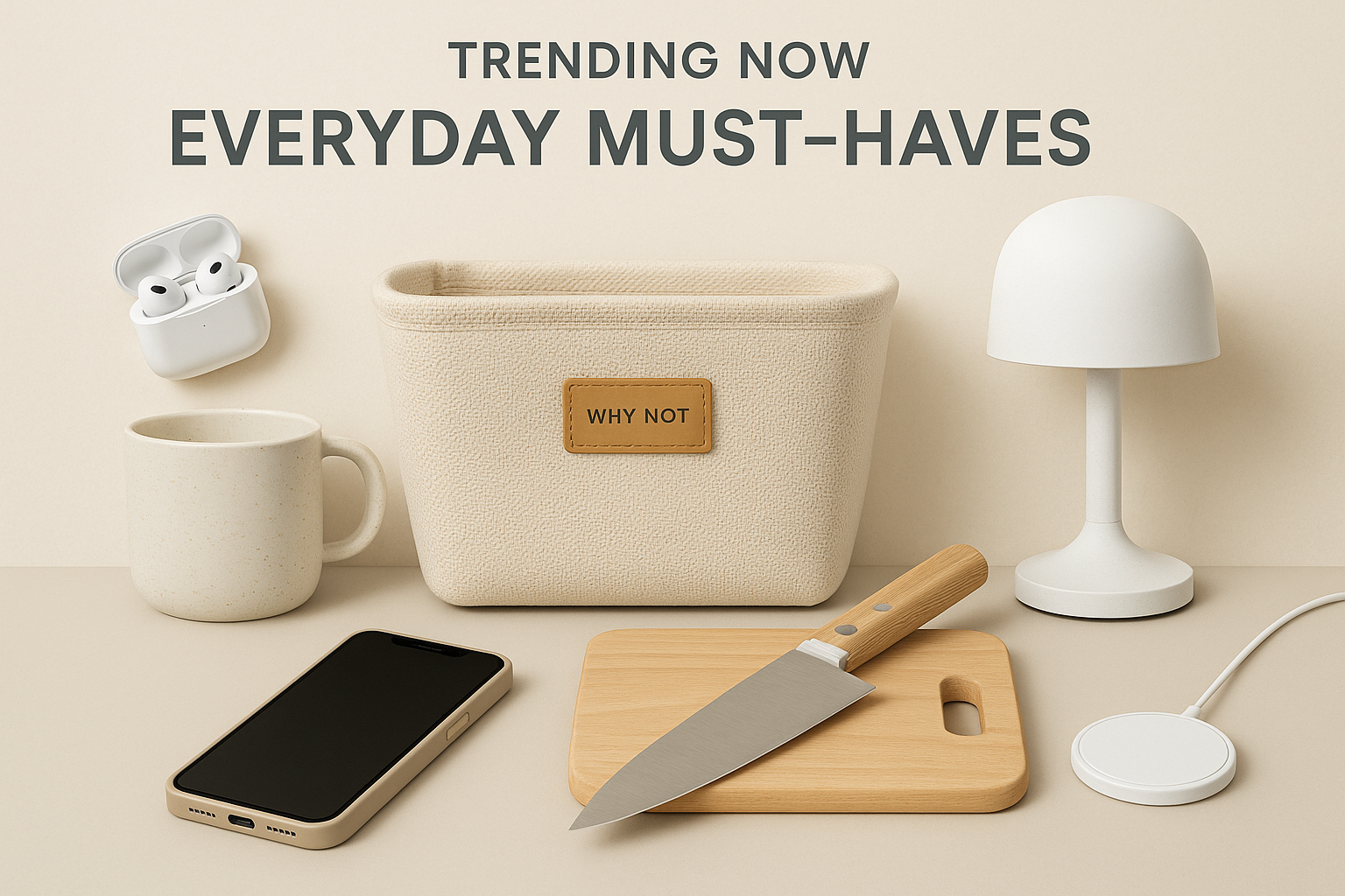 Trending Now collection image featuring everyday must-haves with Why Not branding, showcasing gadgets, kitchen essentials, home organization items, and tech accessories in a modern minimalist style